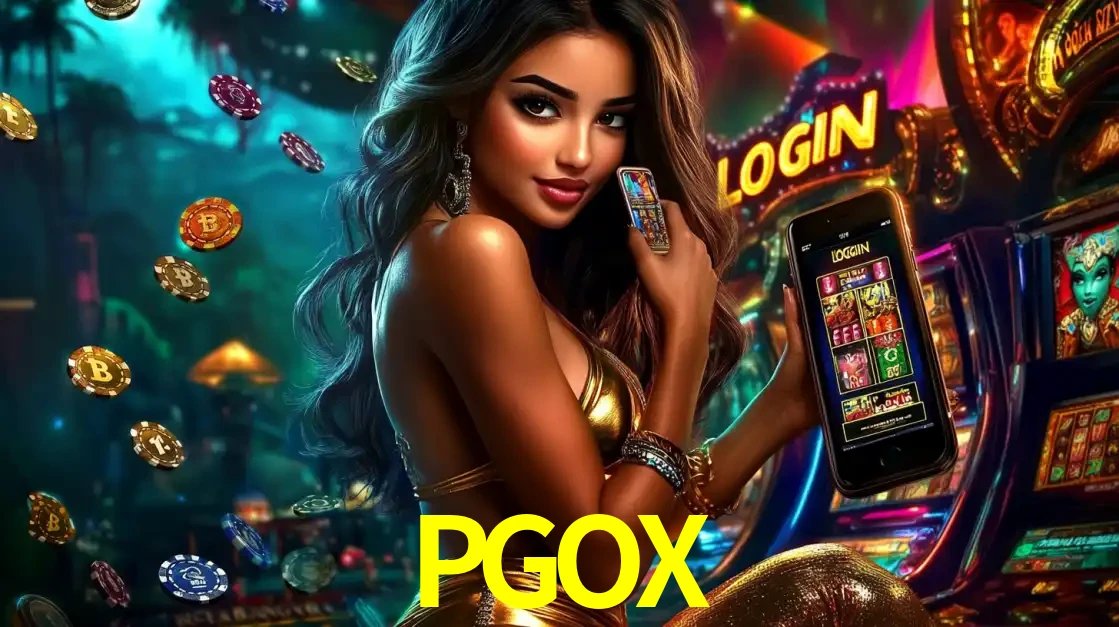 Mulher em um cenário de cassino temático de aventura, mostrando o app de caça-níqueis da PGOX no celular. Fichas de apostas flutuam ao redor.