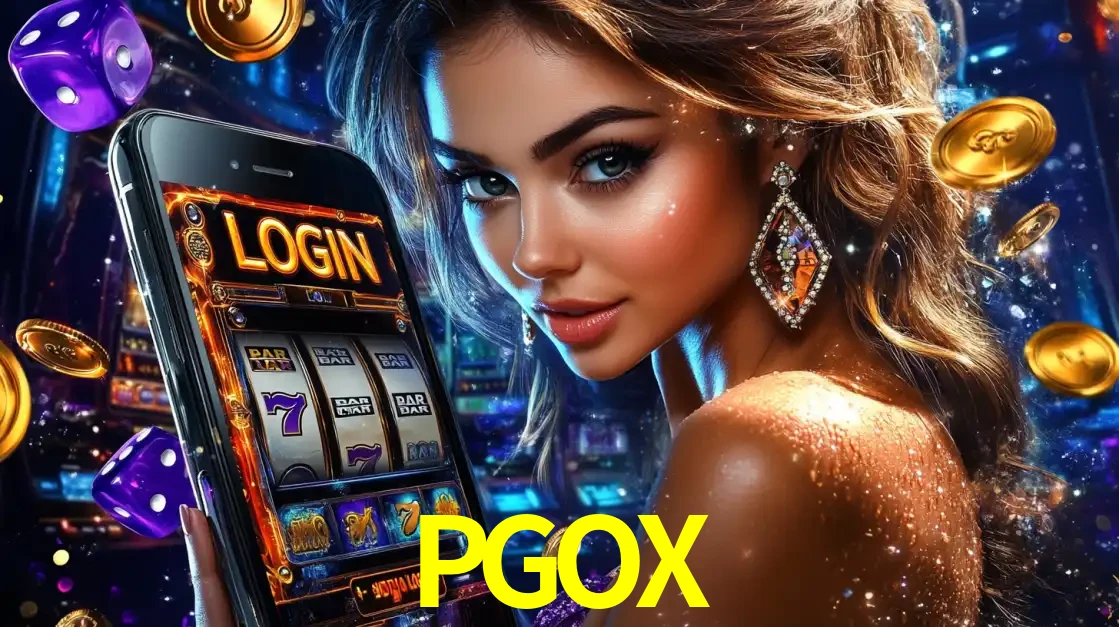 Mulher glamorosa segurando um smartphone com a tela de login para os jogos de caça-níqueis do cassino online PGOX, com moedas de ouro e dados ao redor.