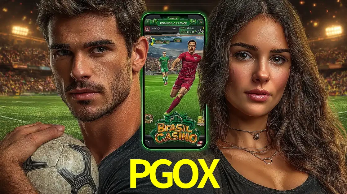 Homem segurando uma bola de futebol e uma mulher ao lado de um smartphone exibindo o jogo de apostas esportivas da PGOX. Faça seu palpite no cassino online.